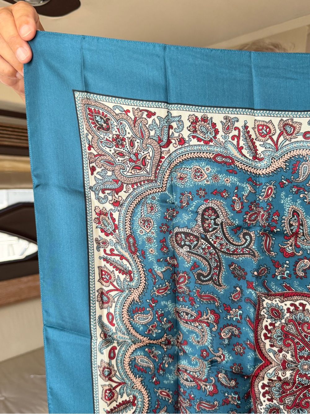 Liberty of London Teal Paisley Silk Scarf with Red and Cream Accents - Picture 5 of 6